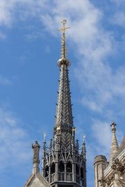 The spire of the Royal Courts of Justice in London, relating to a story about migration.