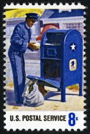 A vintage U.S. stamp depicting postal service employees collecting mail, relevant to current political discussions.